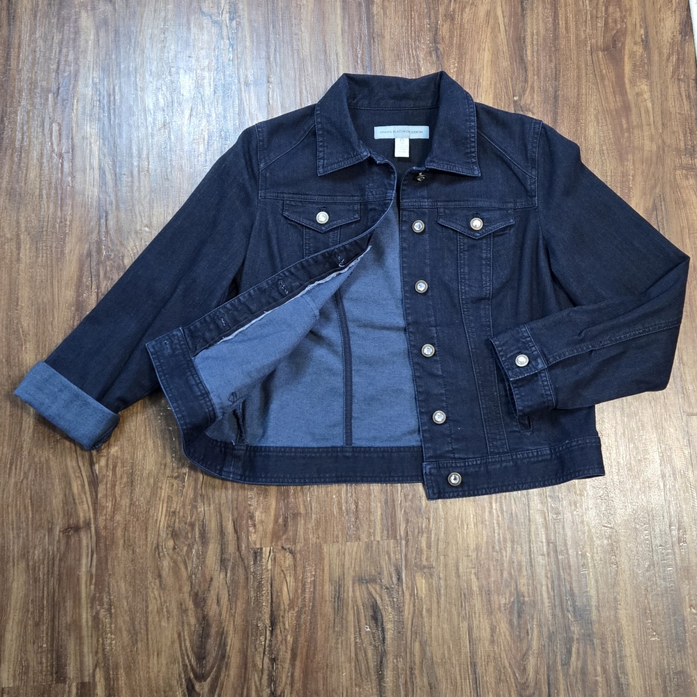 Chico’s Platinum Denim Jacket Navy Women’s Size 0 Stretch Jean Jacket